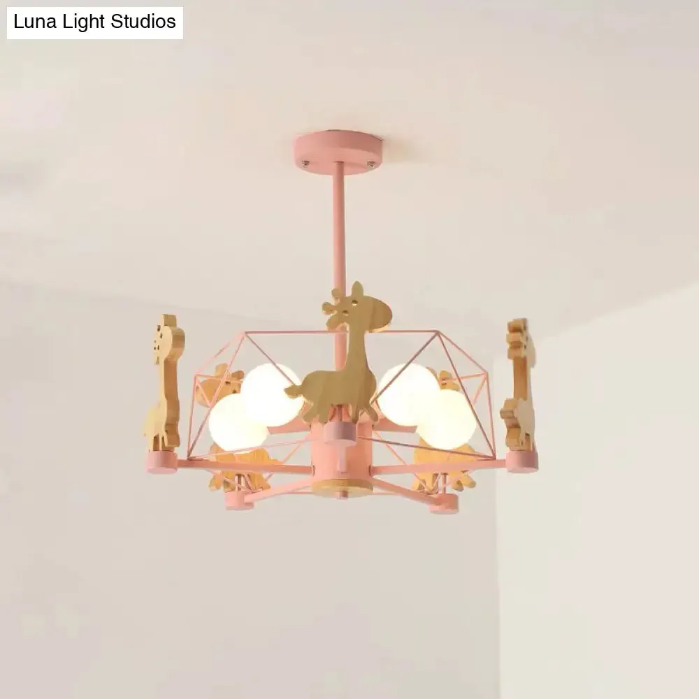 Cartoon Giraffe Kindergarten Ceiling Light: Wooden Hanging Chandelier with Wire Cage