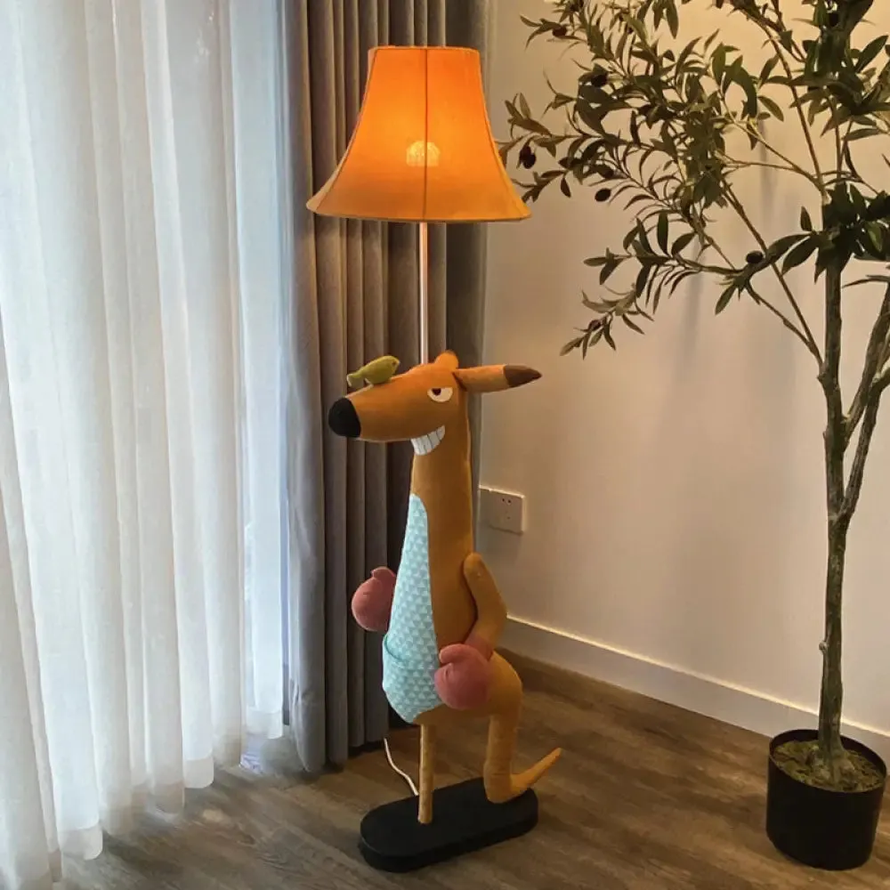 Children's Angry Kangaroo Floor Lamp in Brown - Light Fabric, Single Stand with Shade