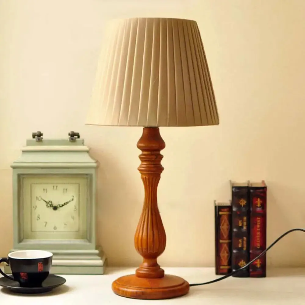 Classic Brown Table Lamp for Bedroom with Wood Base - Barrel Shape, 1 Light, Fabric Nightstand Light