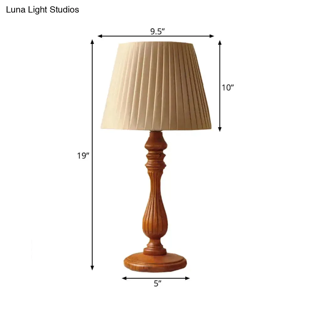 Classic Brown Table Lamp for Bedroom with Wood Base - Barrel Shape, 1 Light, Fabric Nightstand Light