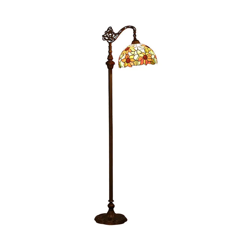 Classic Floral Stained Glass Reading Floor Light - Single-Bulb Standing Fixture in Orange