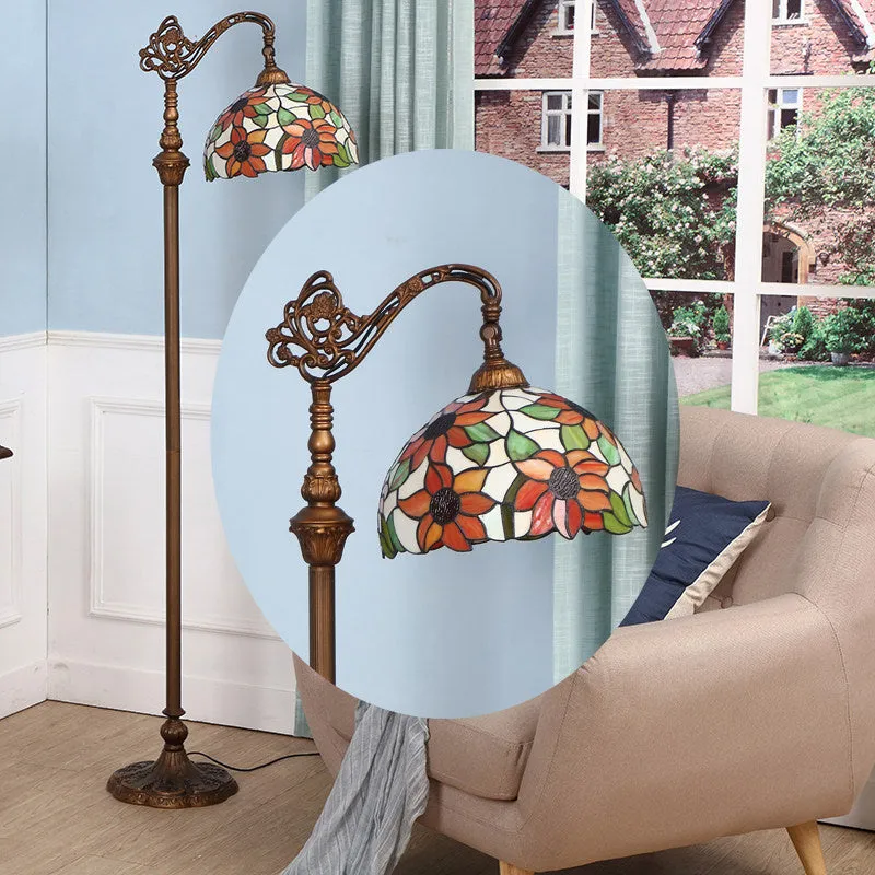 Classic Floral Stained Glass Reading Floor Light - Single-Bulb Standing Fixture in Orange