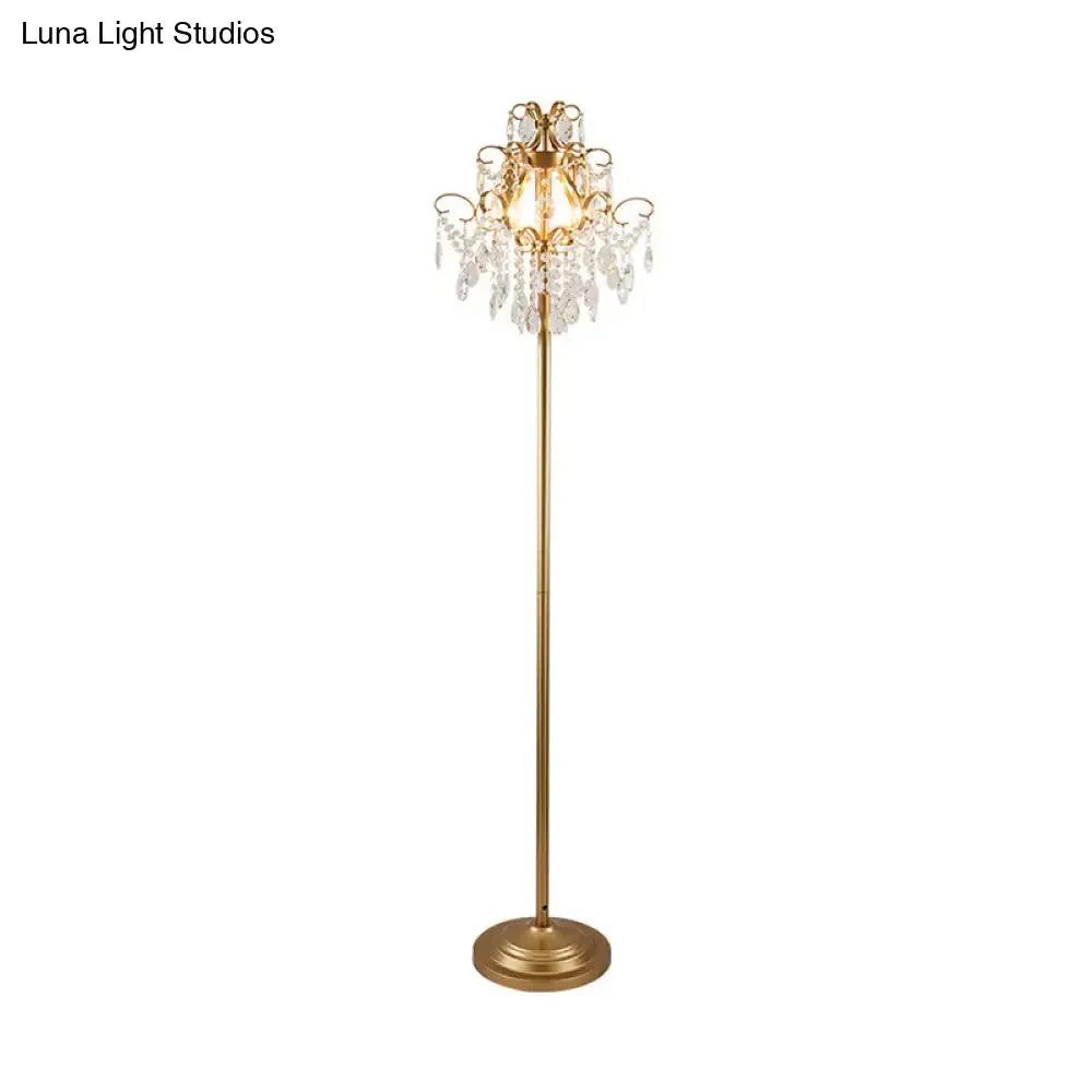 Classic Metal 3-Head Spiral Floor Lamp with Faceted Crystal Droplet and Gold Finish