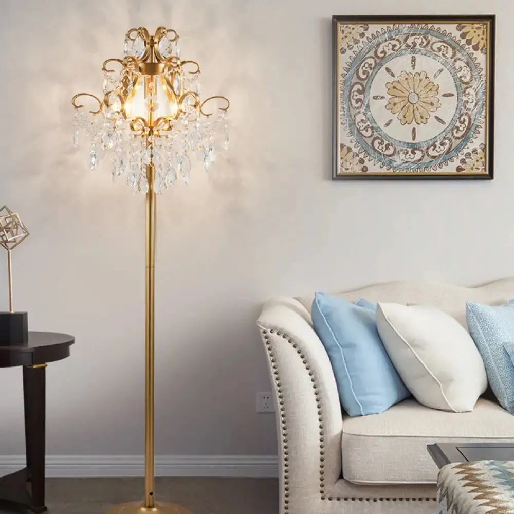 Classic Metal 3-Head Spiral Floor Lamp with Faceted Crystal Droplet and Gold Finish