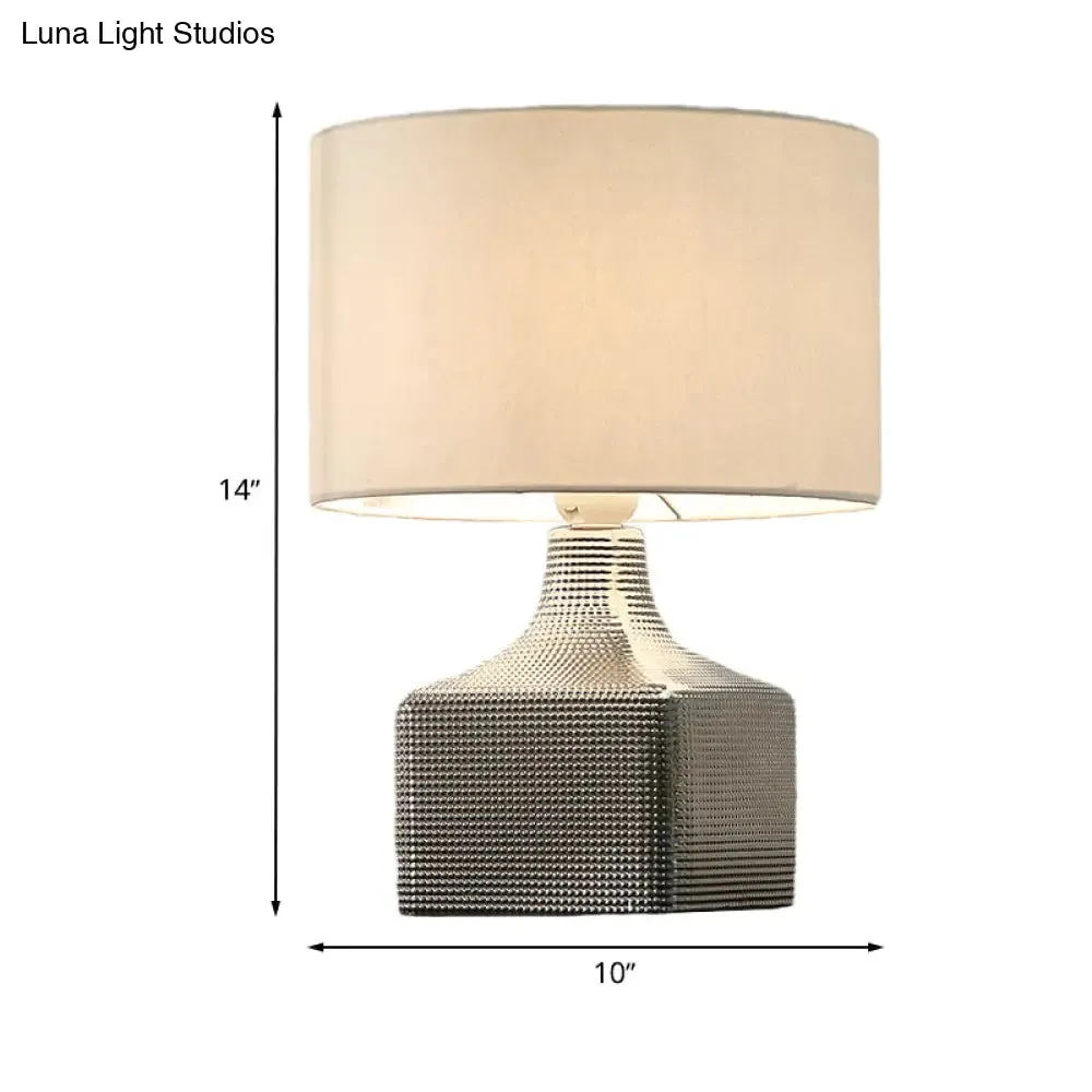 Contemporary 1-Light White Night Light with Drum Shade Fabric and Cubic Base