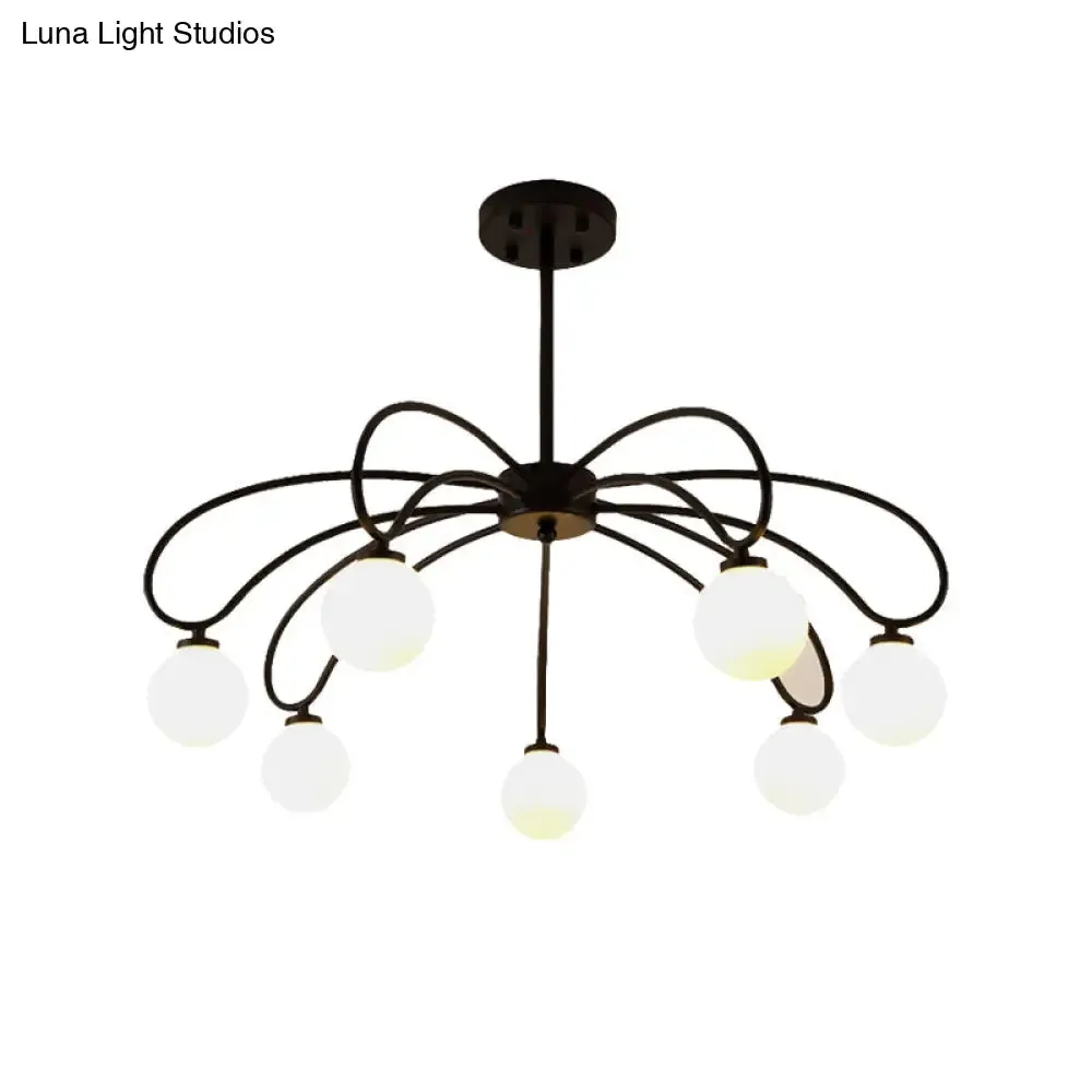 Contemporary Black Curved Arm Chandelier with Orbit Shade - 8 Light Metal Pendant