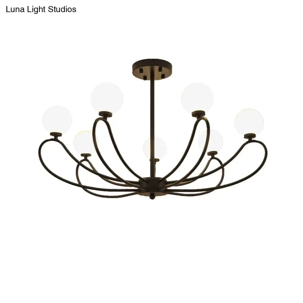 Contemporary Black Curved Arm Chandelier with Orbit Shade - 8 Light Metal Pendant