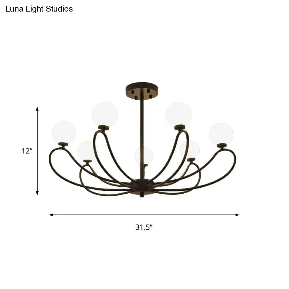 Contemporary Black Curved Arm Chandelier with Orbit Shade - 8 Light Metal Pendant