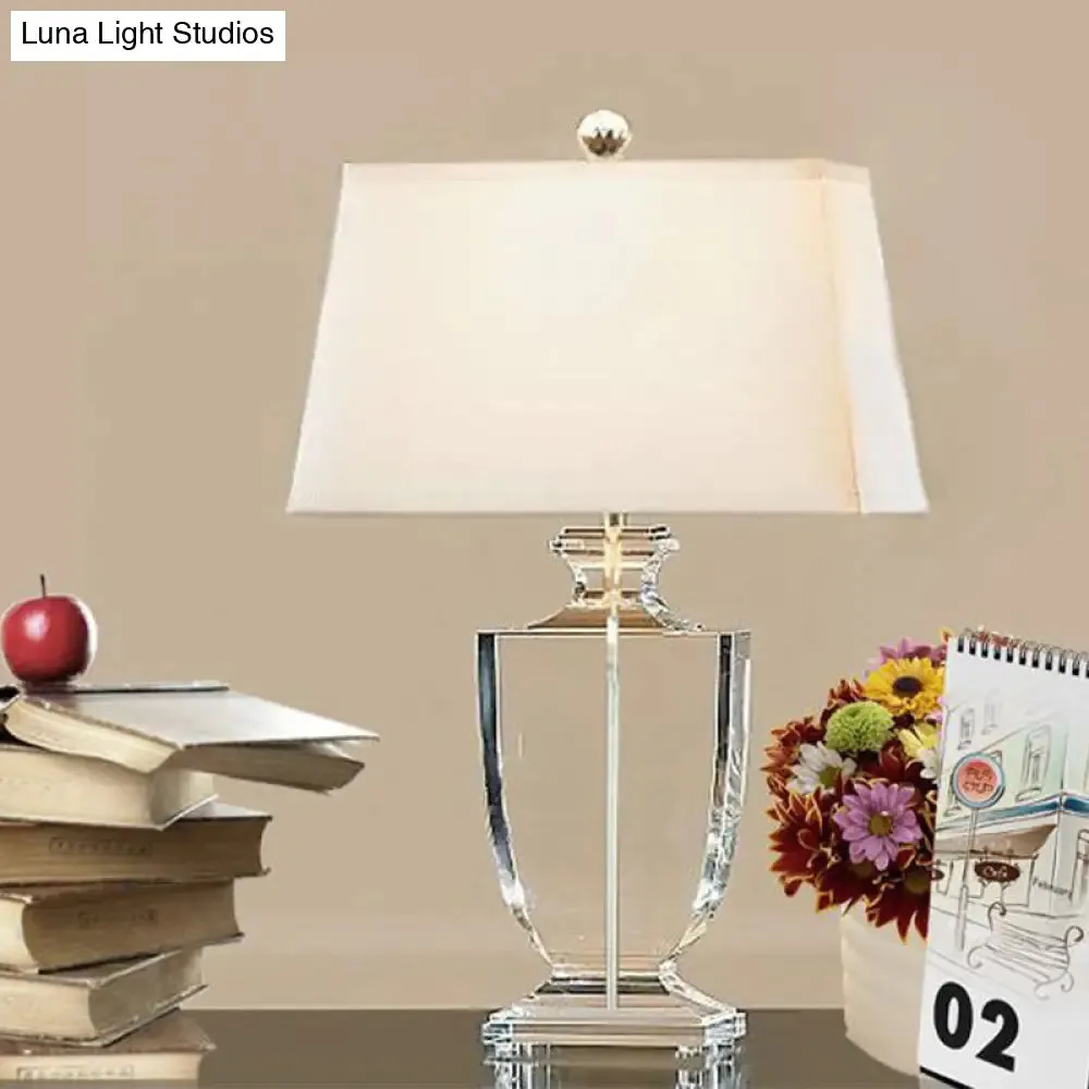 Contemporary Crystal Reading Light: Hand-Cut Urn Shape, 1-Bulb Fabric Lamp for Nightstands in White