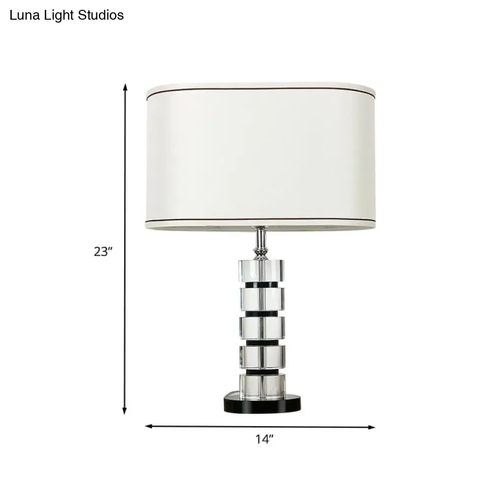 Contemporary Crystal Task Lamp - White Night Table Light with Fabric Shade