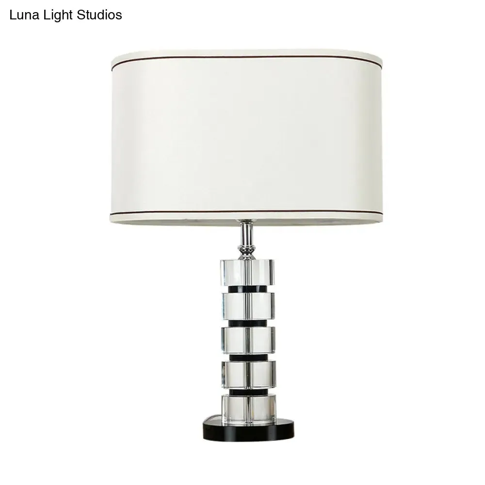 Contemporary Crystal Task Lamp - White Night Table Light with Fabric Shade