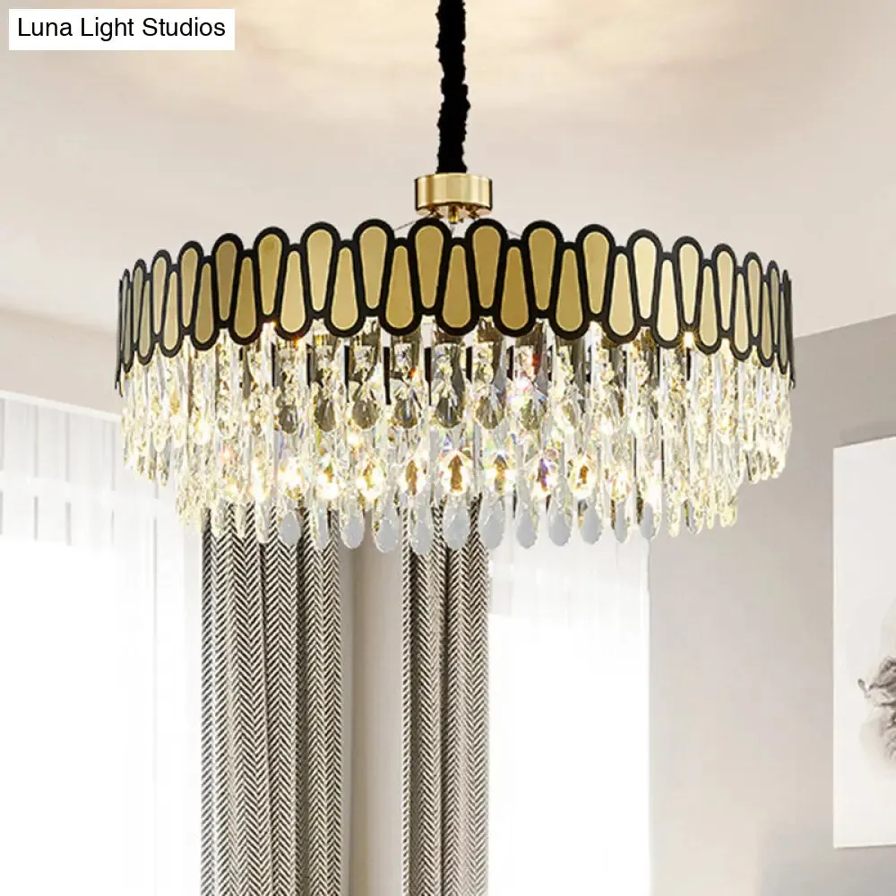 Contemporary Gold LED Circular Ceiling Pendant with Clear Crystal Drops Chandelier Light