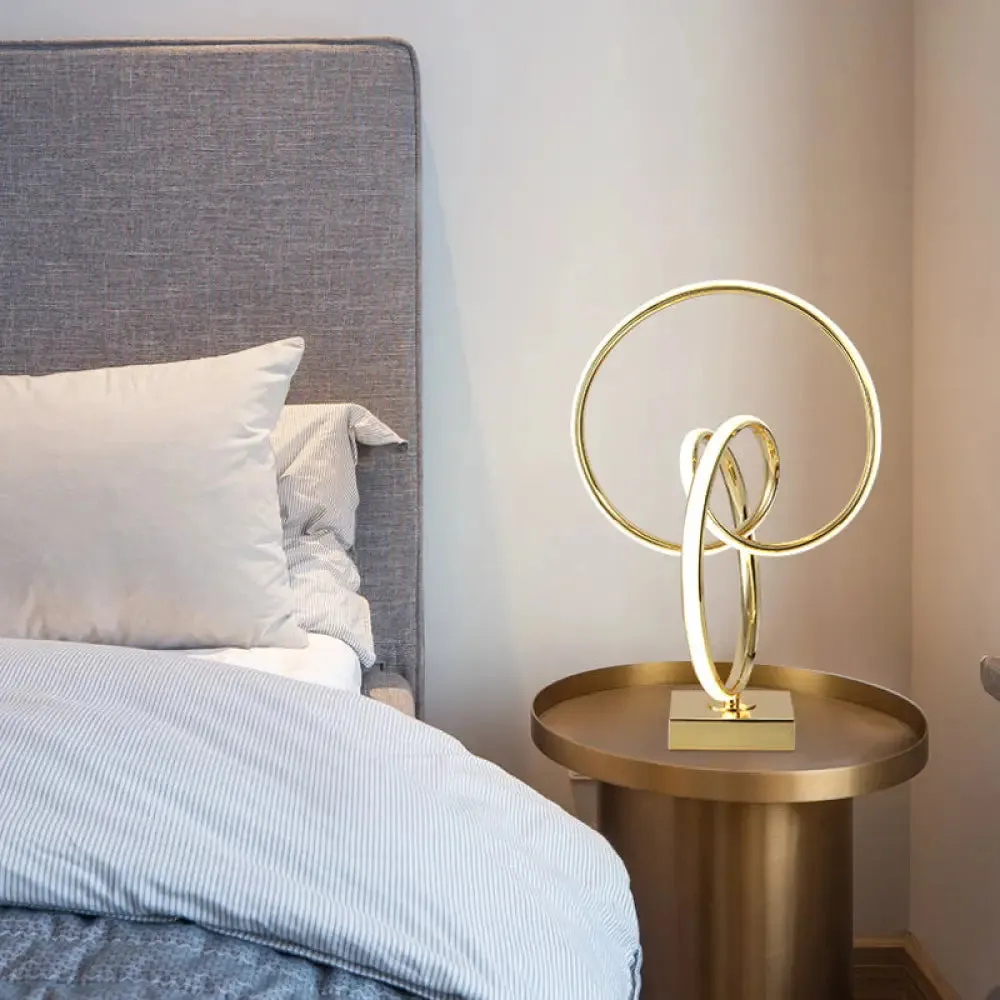 Contemporary Gold LED Twisted Ring Table Light for Bedside - Metal Nightstand Lamp