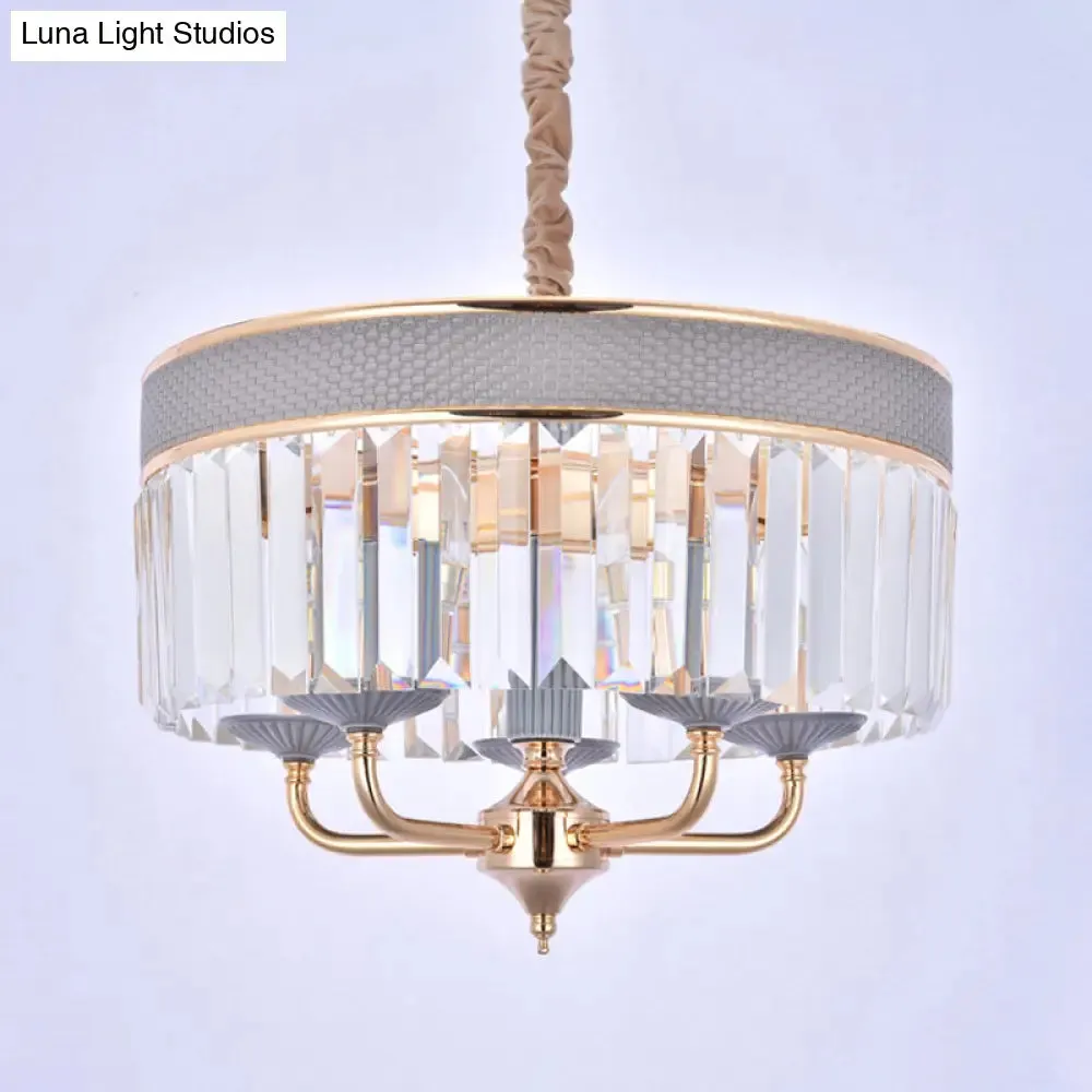 Contemporary Grey Drum Chandelier with Crystal Shade - 5 Heads Pendant Lighting Fixture