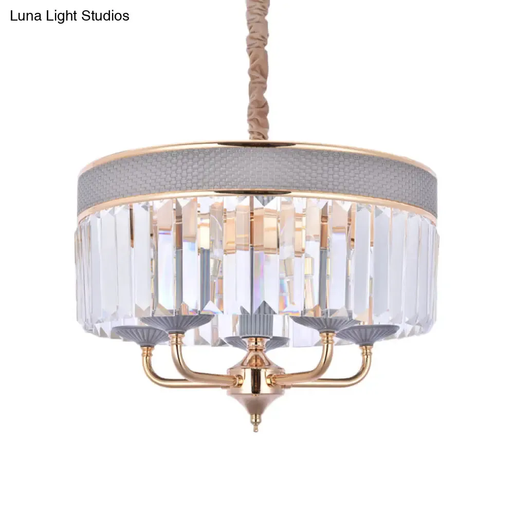 Contemporary Grey Drum Chandelier with Crystal Shade - 5 Heads Pendant Lighting Fixture