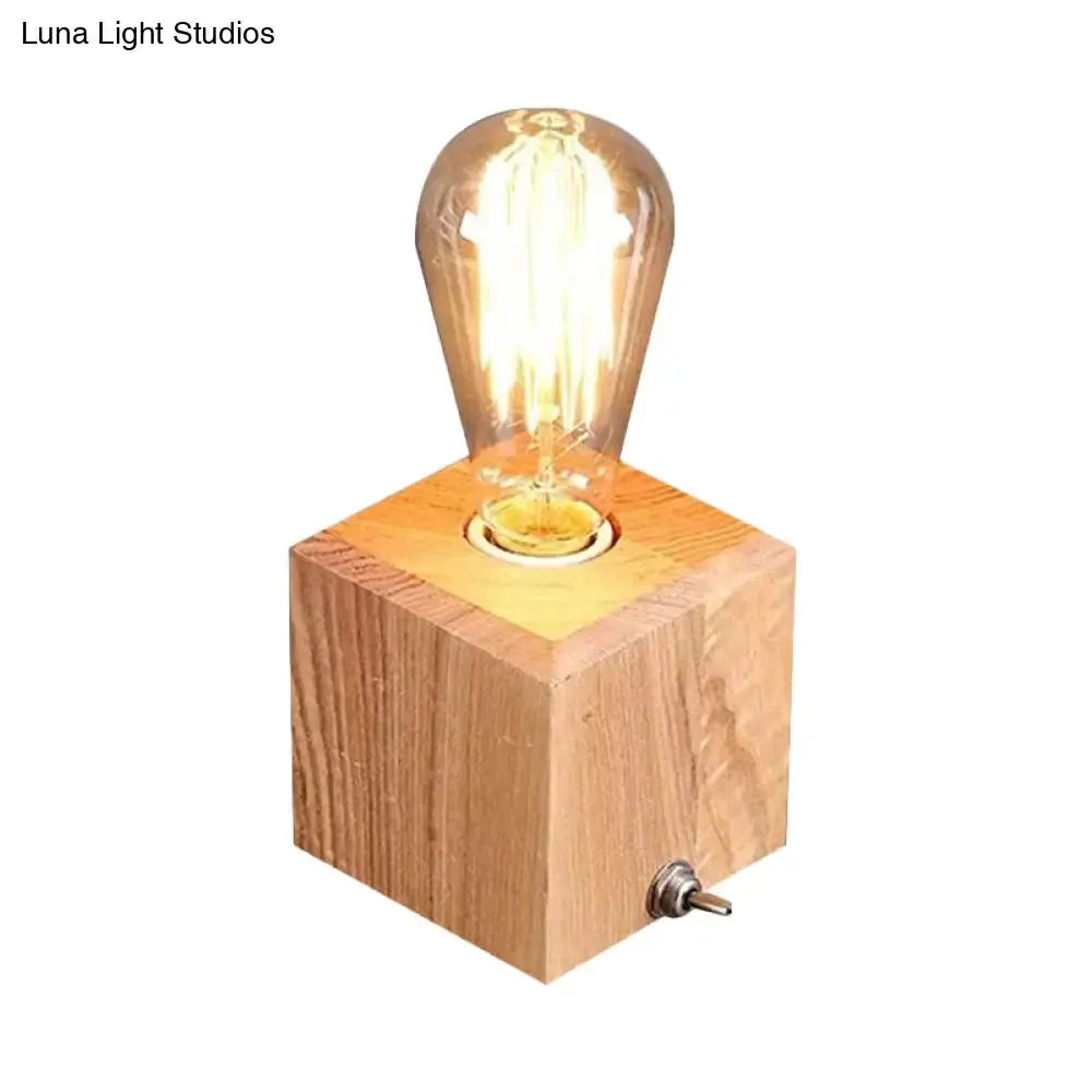 Contemporary Square Wood Table Lamp - Small Desk Light with 1 Bulb in Beige for Living Room