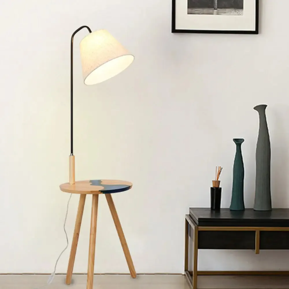 Contemporary White Wood Standing Lamp with Fabric Shade - Single Floor Table Light