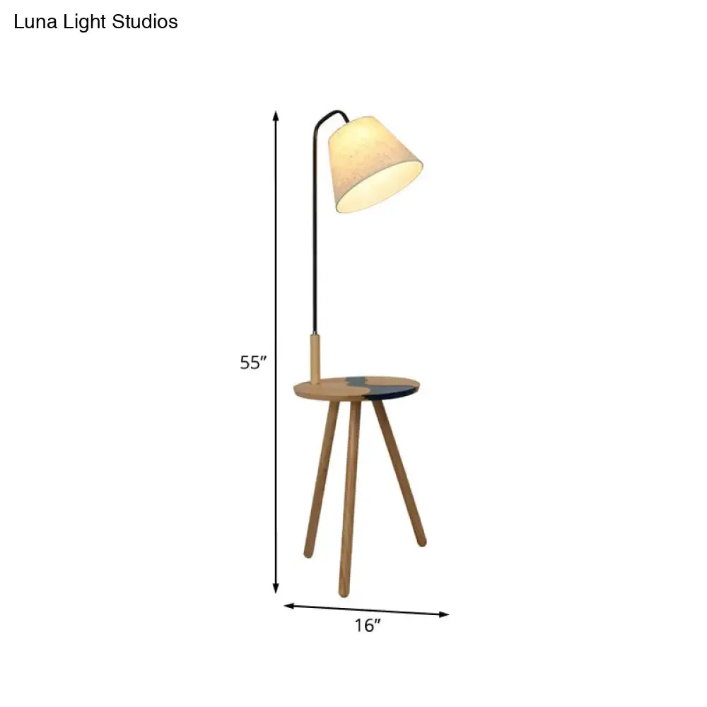 Contemporary White Wood Standing Lamp with Fabric Shade - Single Floor Table Light