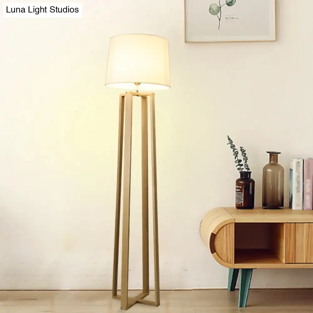 Contemporary Wood Trapezoid Floor Lamp with White Barrel Fabric Shade