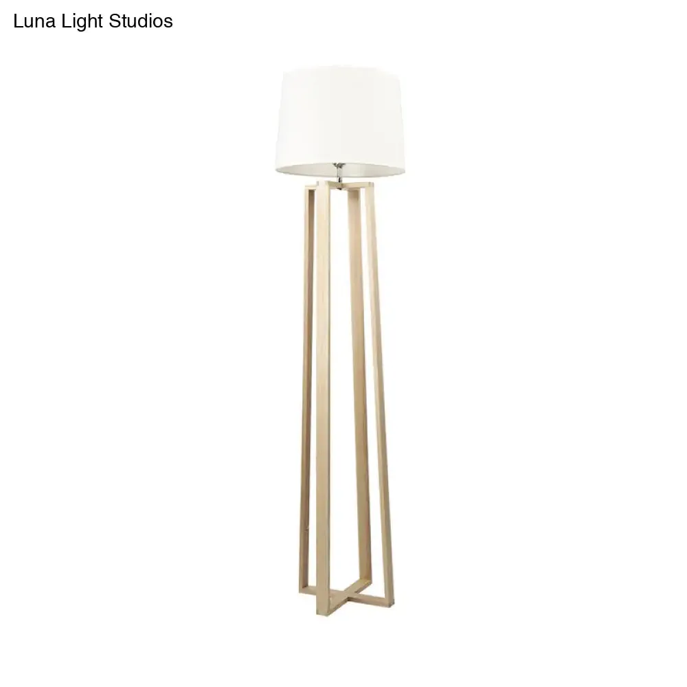 Contemporary Wood Trapezoid Floor Lamp with White Barrel Fabric Shade