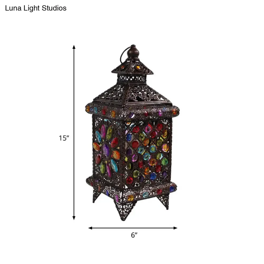 Copper Metal Lantern Nightstand Light Antique 1-Bulb Table Lamp for Living Room