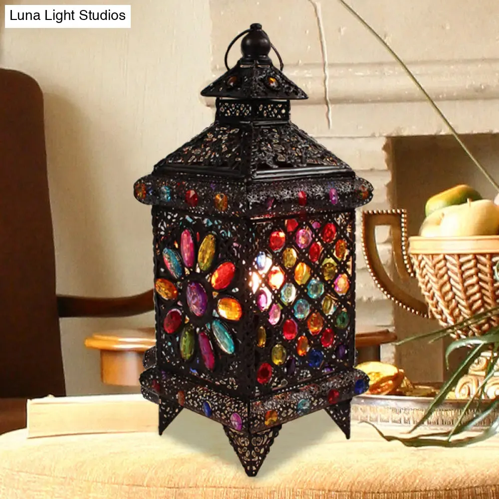 Copper Metal Lantern Nightstand Light Antique 1-Bulb Table Lamp for Living Room