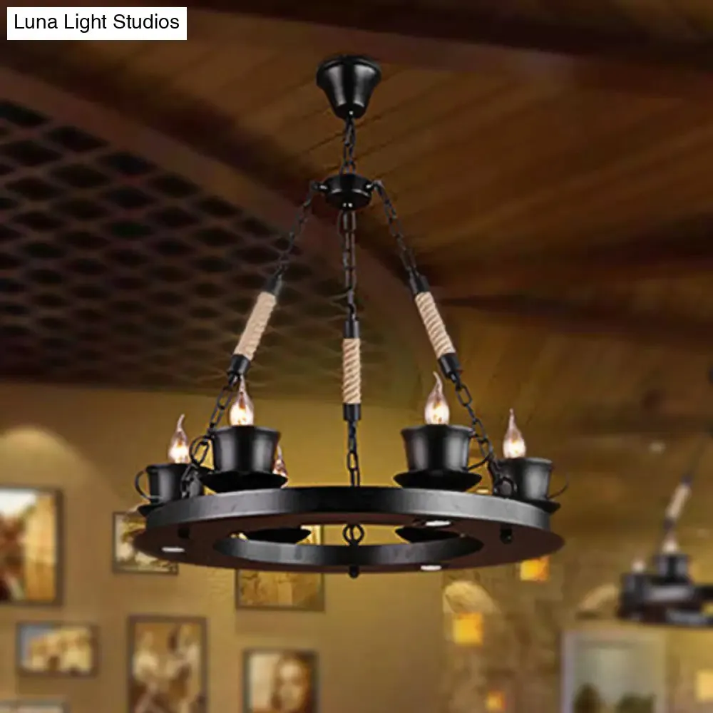 Country Style 6-Light Teacup Pendant Chandelier in Black Metal - Ideal for Restaurants