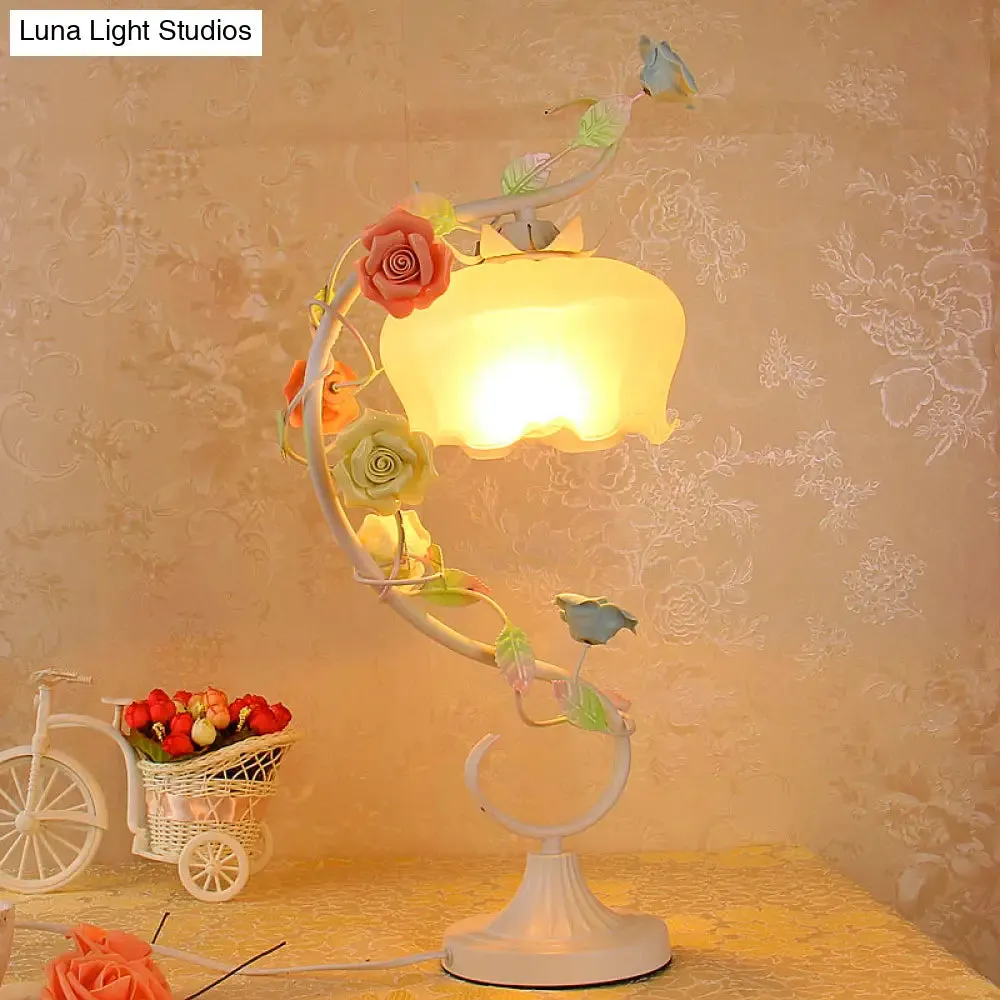 Countryside Flower Glass Nightstand Lamp - 1 Bulb, Pink/Blue/Green Lighting for Bedroom