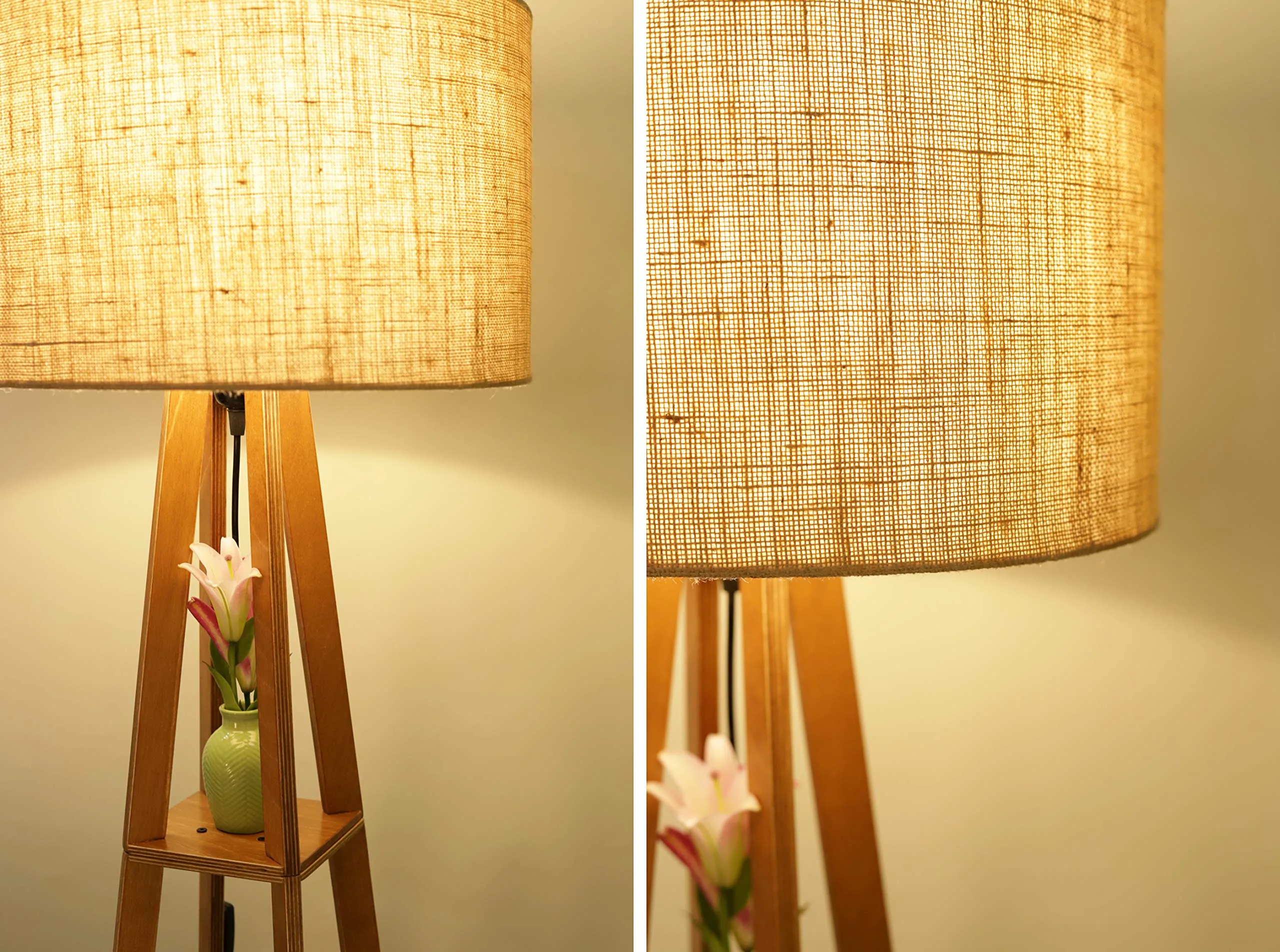 Crosscut Furniture Wooden Floor Lamp with Shelf (Natural Jute). LED Bulb Included