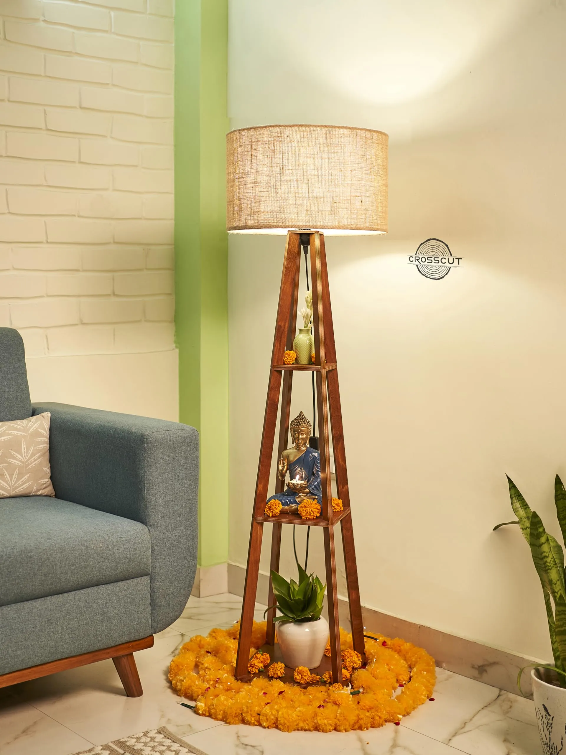 Crosscut Furniture Wooden Floor Lamp with Shelf (Natural Jute). LED Bulb Included