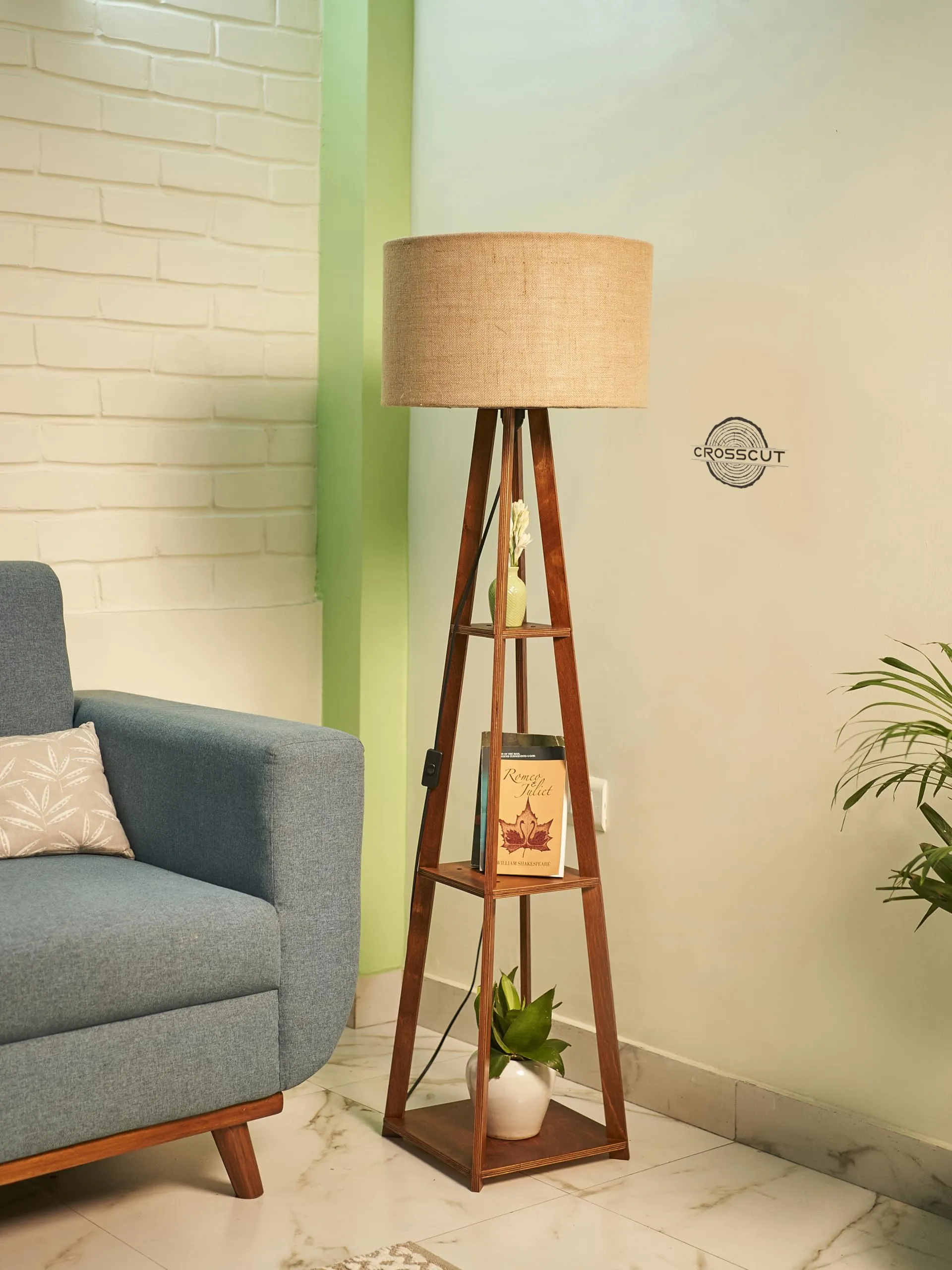 Crosscut Furniture Wooden Floor Lamp with Shelf (Natural Jute). LED Bulb Included