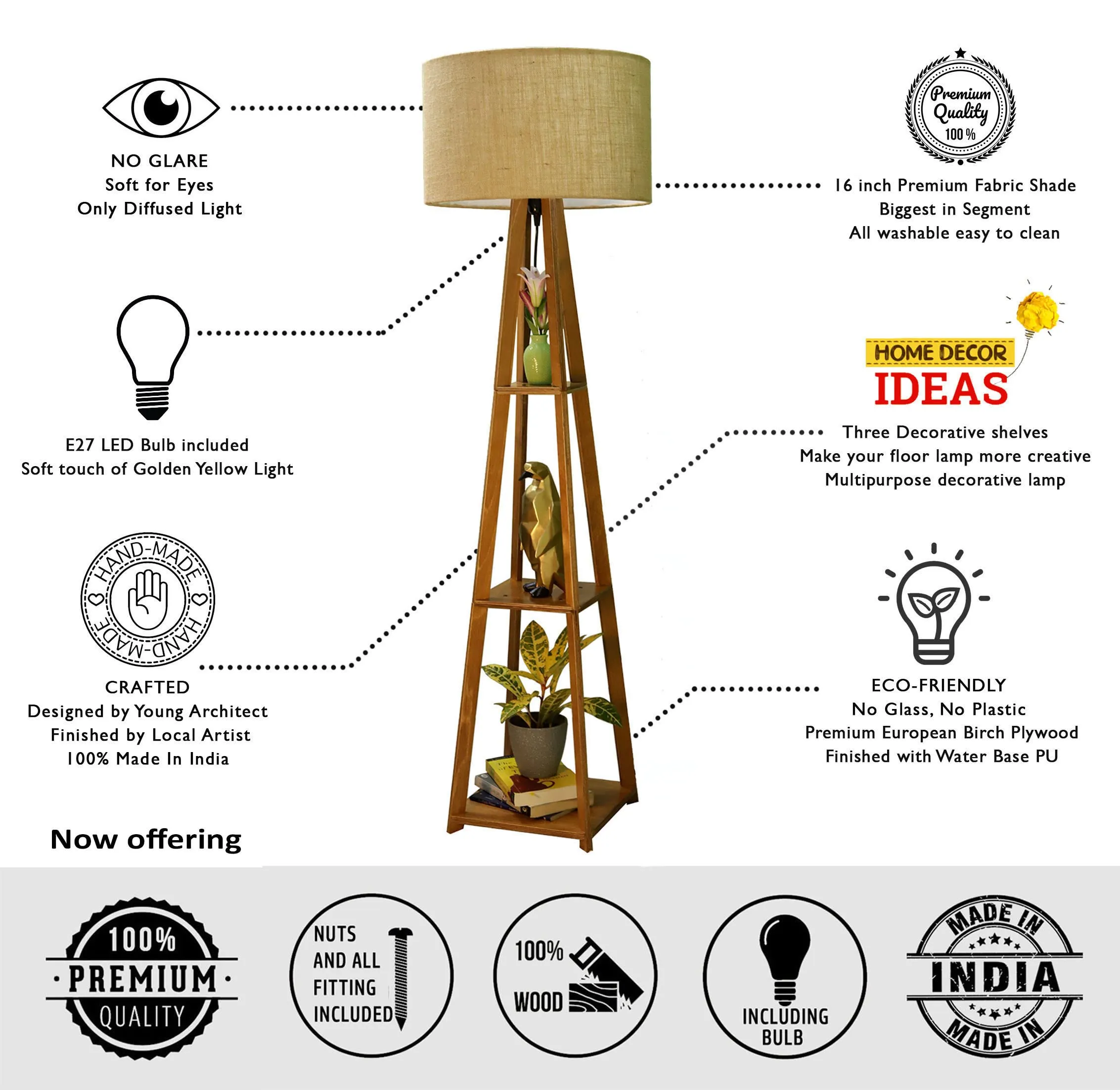 Crosscut Furniture Wooden Floor Lamp with Shelf (Natural Jute). LED Bulb Included