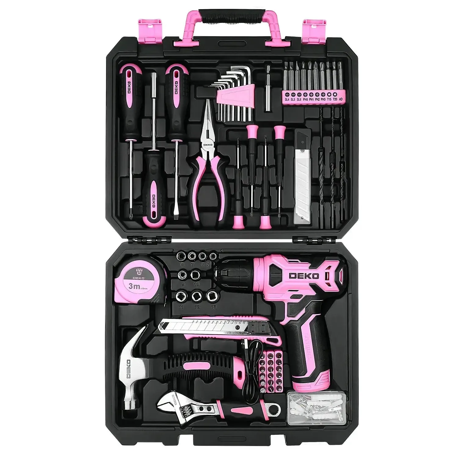 DEKO DKMT128/DKMT196 Home DIY Tool Set Auto Repair Combination Package Hand Tool Kit With Plastic Tool Box, Screwdriver, Hammer