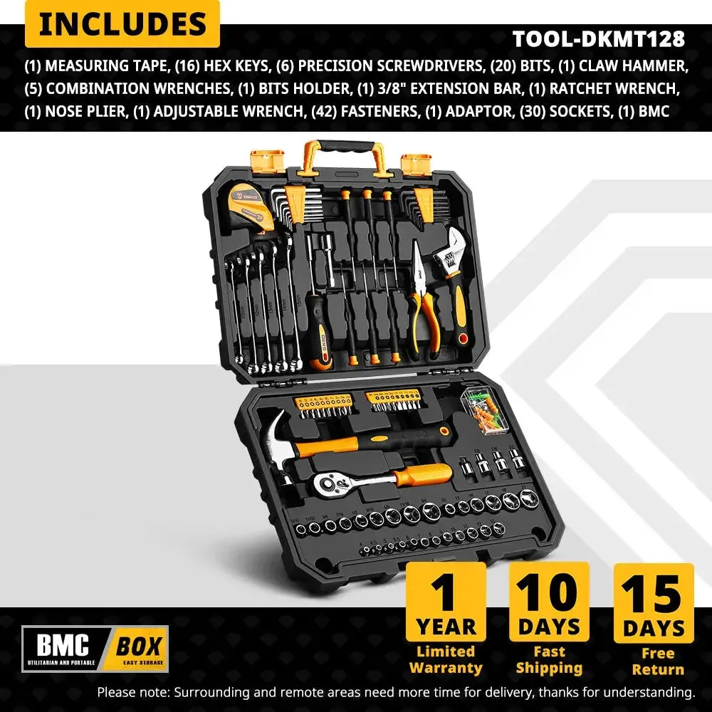 DEKO DKMT128/DKMT196 Home DIY Tool Set Auto Repair Combination Package Hand Tool Kit With Plastic Tool Box, Screwdriver, Hammer