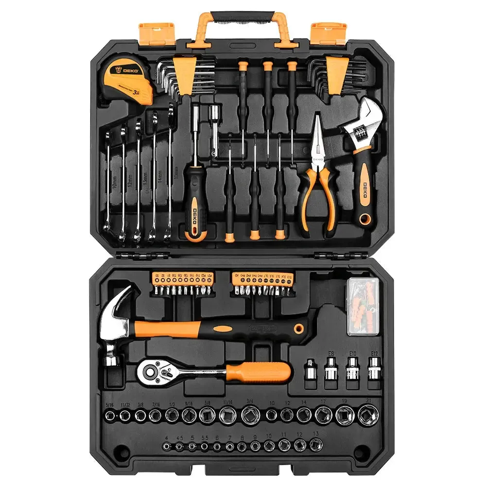 DEKO DKMT128/DKMT196 Home DIY Tool Set Auto Repair Combination Package Hand Tool Kit With Plastic Tool Box, Screwdriver, Hammer