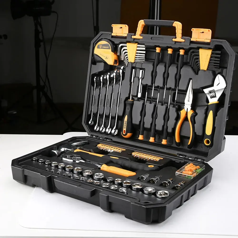 DEKO DKMT128/DKMT196 Home DIY Tool Set Auto Repair Combination Package Hand Tool Kit With Plastic Tool Box, Screwdriver, Hammer