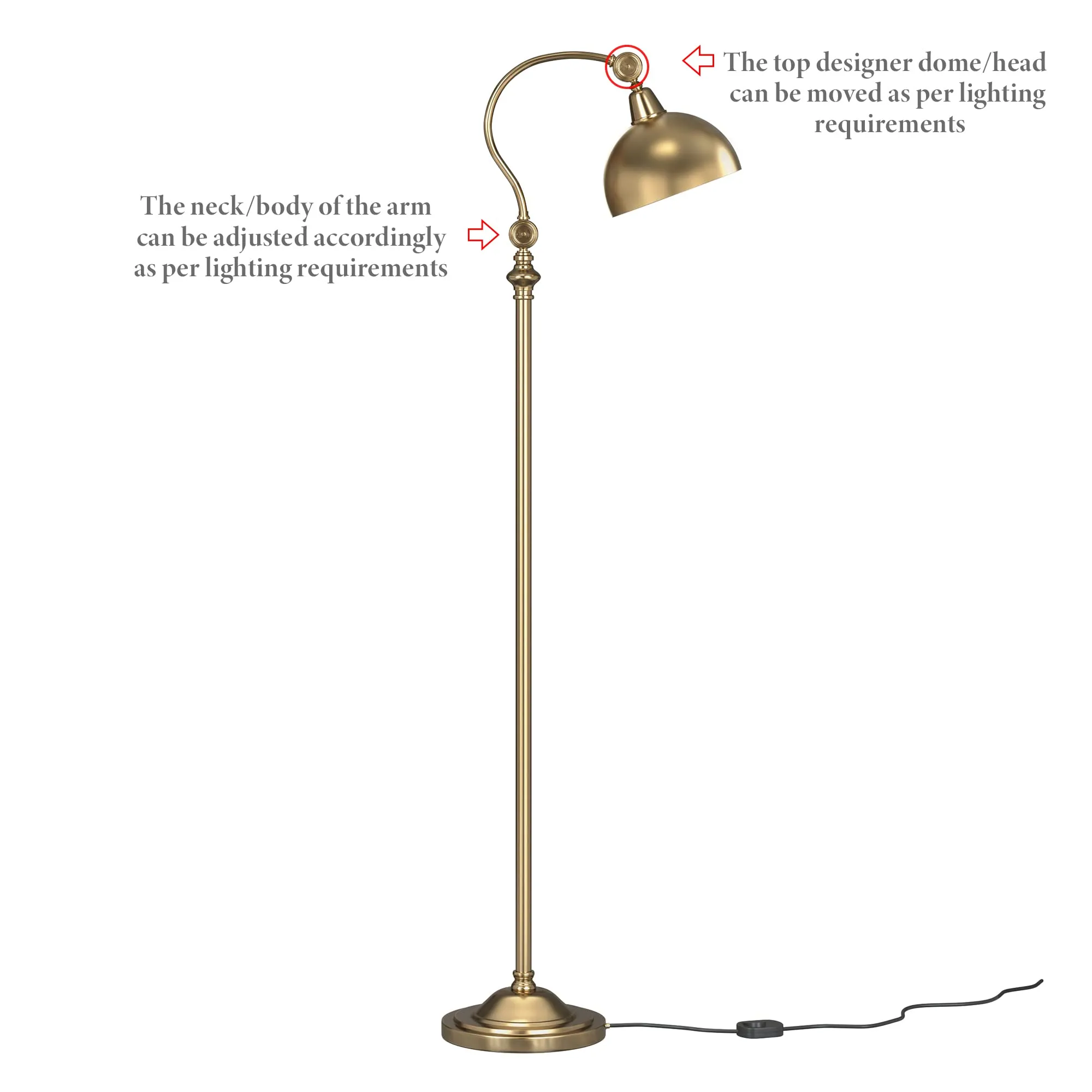 Divine Trends Vintage Curve Brass Antique Finish Retro Floor Lamp Standing Adjustable, Moveable Dome Shade and Neck to Focus Light, Reading Task Lamp Pack of 1 LED, Incandescant, CFL, Smart Bulbs