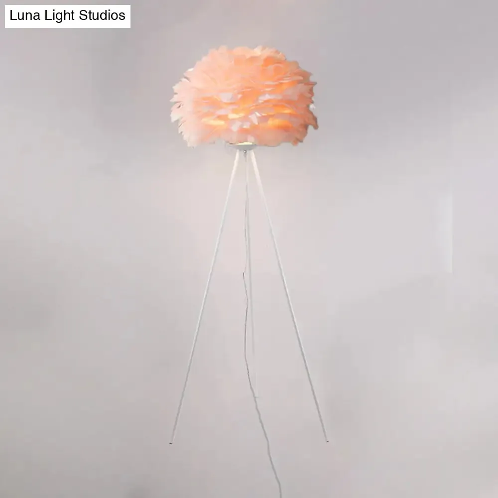 Dome Feather Floor Lamp - Minimalist Single Grey/White/Pink Light with Tripod for Bedroom