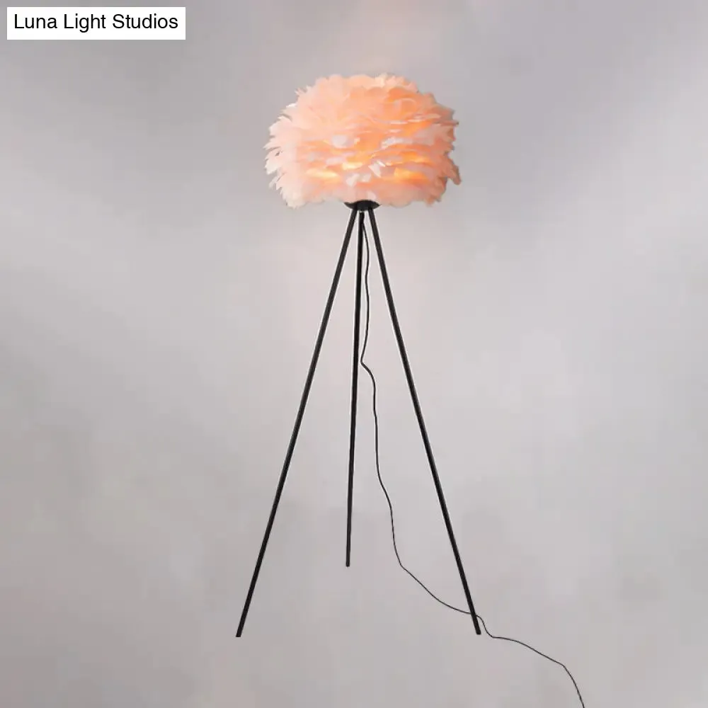 Dome Feather Floor Lamp - Minimalist Single Grey/White/Pink Light with Tripod for Bedroom