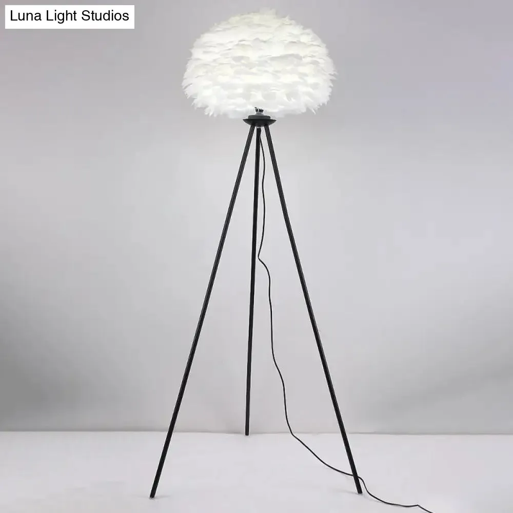 Dome Feather Floor Lamp - Minimalist Single Grey/White/Pink Light with Tripod for Bedroom