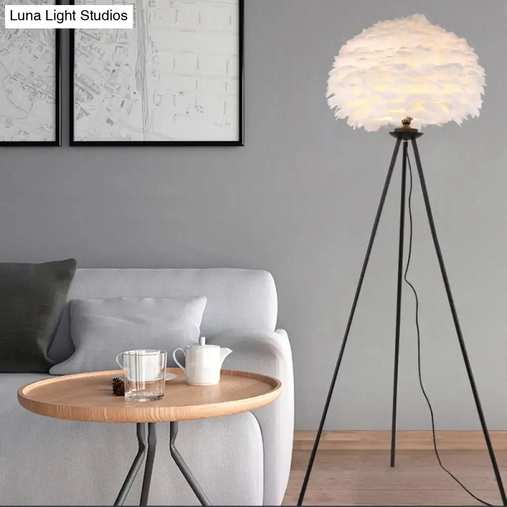 Dome Feather Floor Lamp - Minimalist Single Grey/White/Pink Light with Tripod for Bedroom