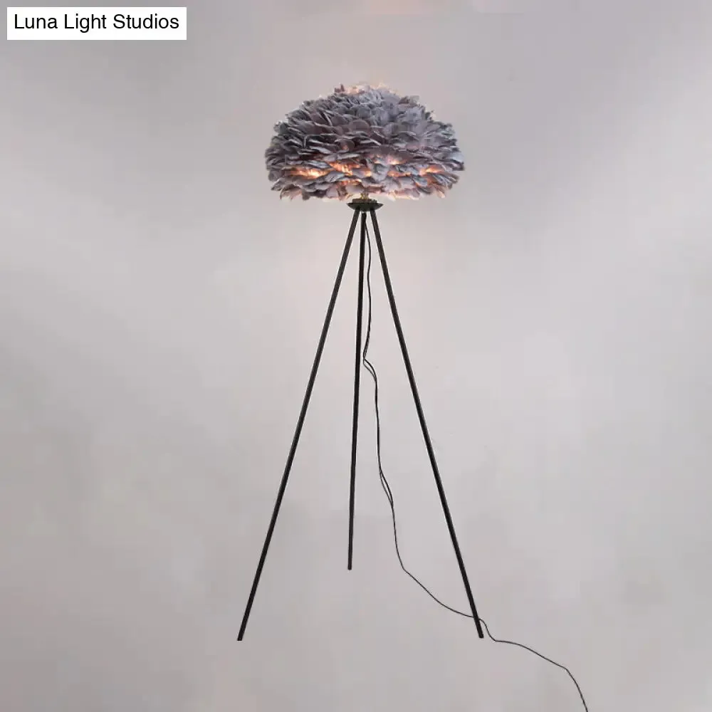 Dome Feather Floor Lamp - Minimalist Single Grey/White/Pink Light with Tripod for Bedroom