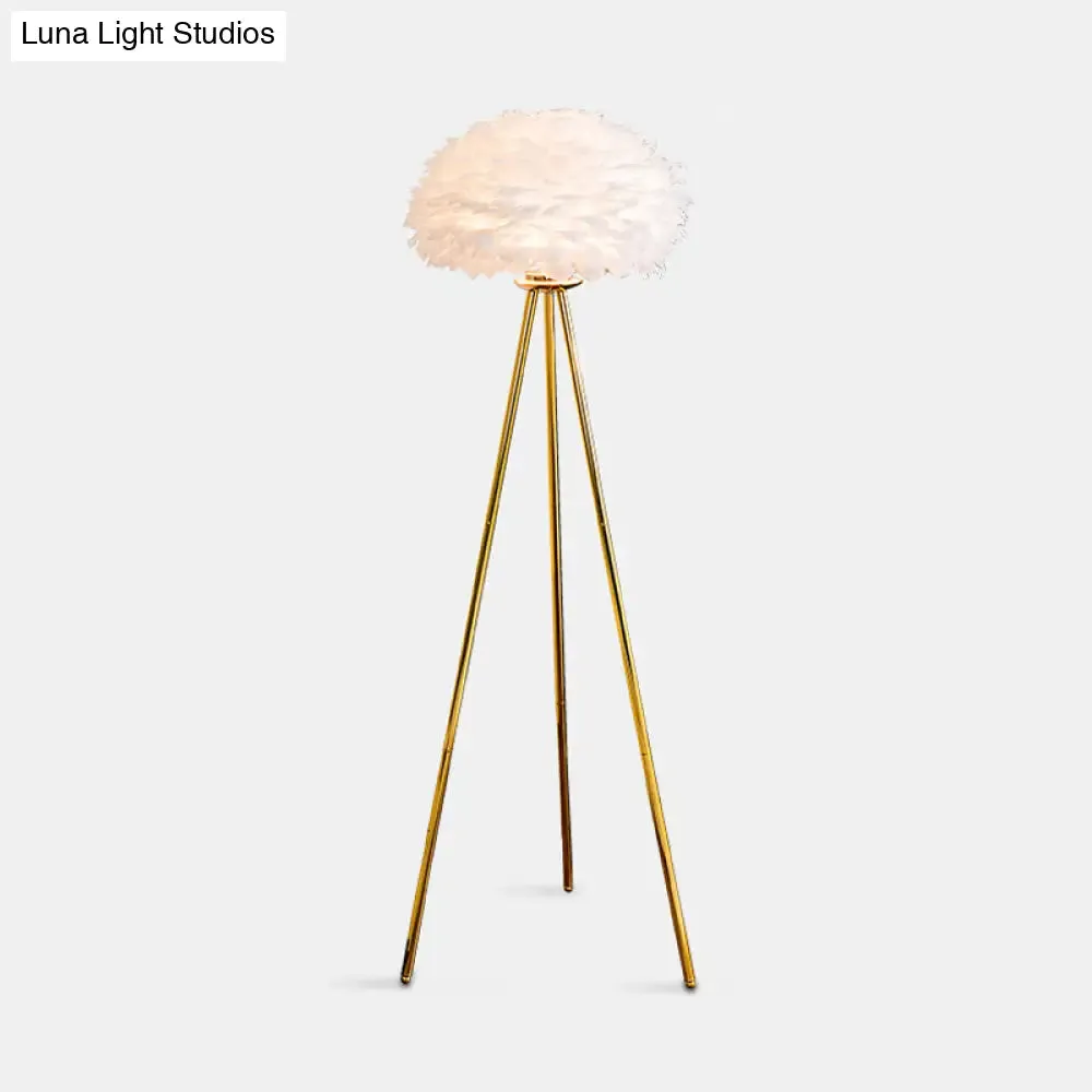 Dome Feather Floor Lamp - Minimalist Single Grey/White/Pink Light with Tripod for Bedroom