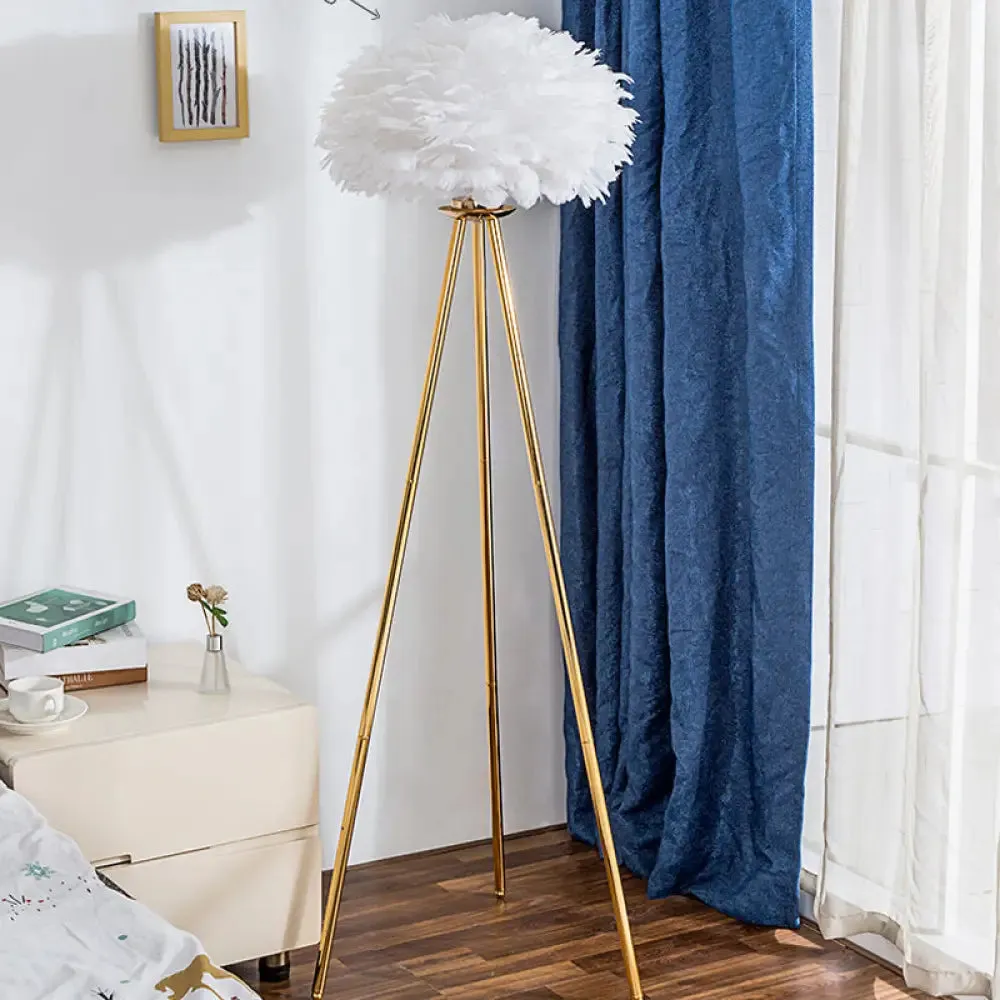 Dome Feather Floor Lamp - Minimalist Single Grey/White/Pink Light with Tripod for Bedroom