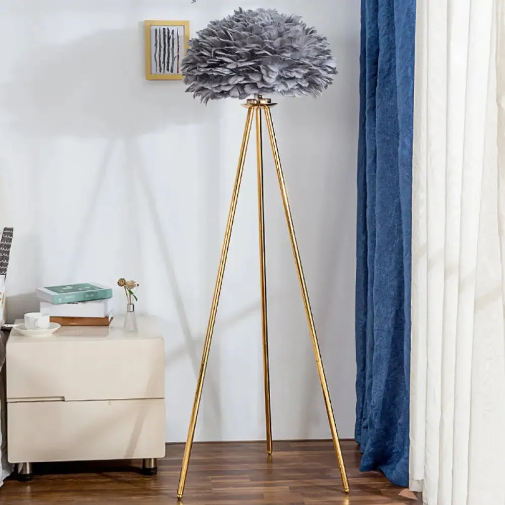 Dome Feather Floor Lamp - Minimalist Single Grey/White/Pink Light with Tripod for Bedroom