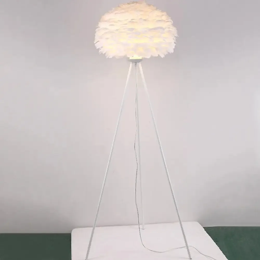 Dome Feather Floor Lamp - Minimalist Single Grey/White/Pink Light with Tripod for Bedroom