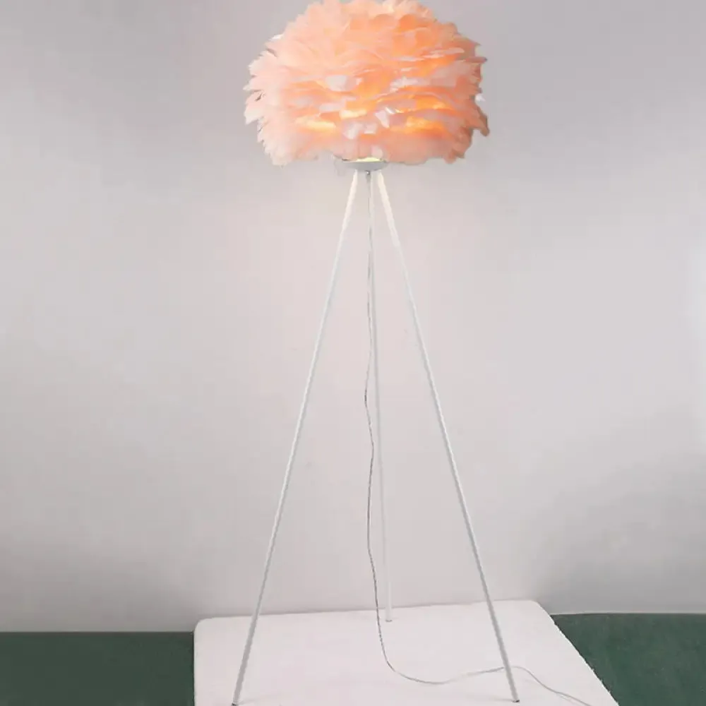 Dome Feather Floor Lamp - Minimalist Single Grey/White/Pink Light with Tripod for Bedroom