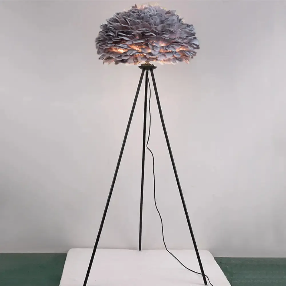 Dome Feather Floor Lamp - Minimalist Single Grey/White/Pink Light with Tripod for Bedroom