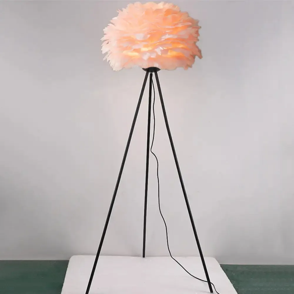 Dome Feather Floor Lamp - Minimalist Single Grey/White/Pink Light with Tripod for Bedroom