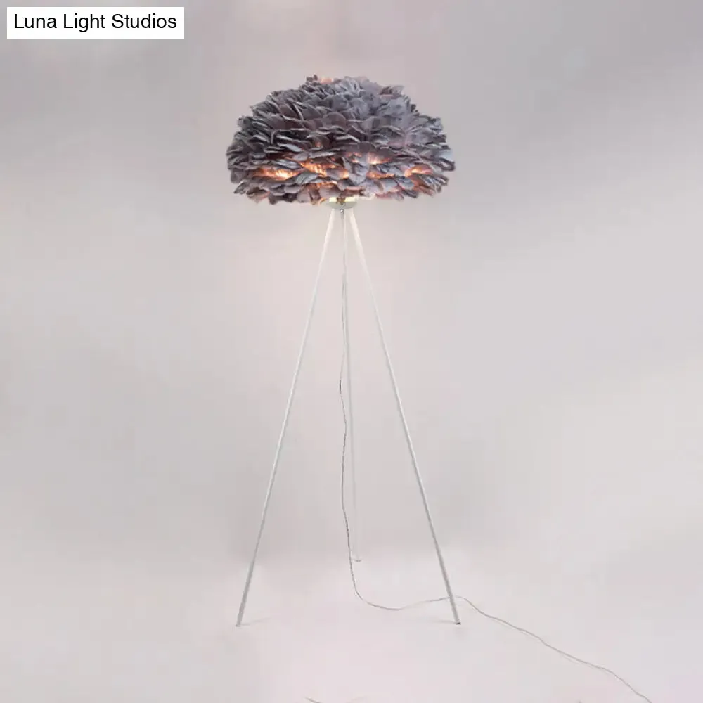 Dome Feather Floor Lamp - Minimalist Single Grey/White/Pink Light with Tripod for Bedroom